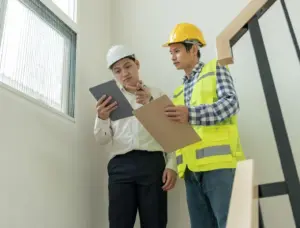 A property owner looking at documents with a construction worker.