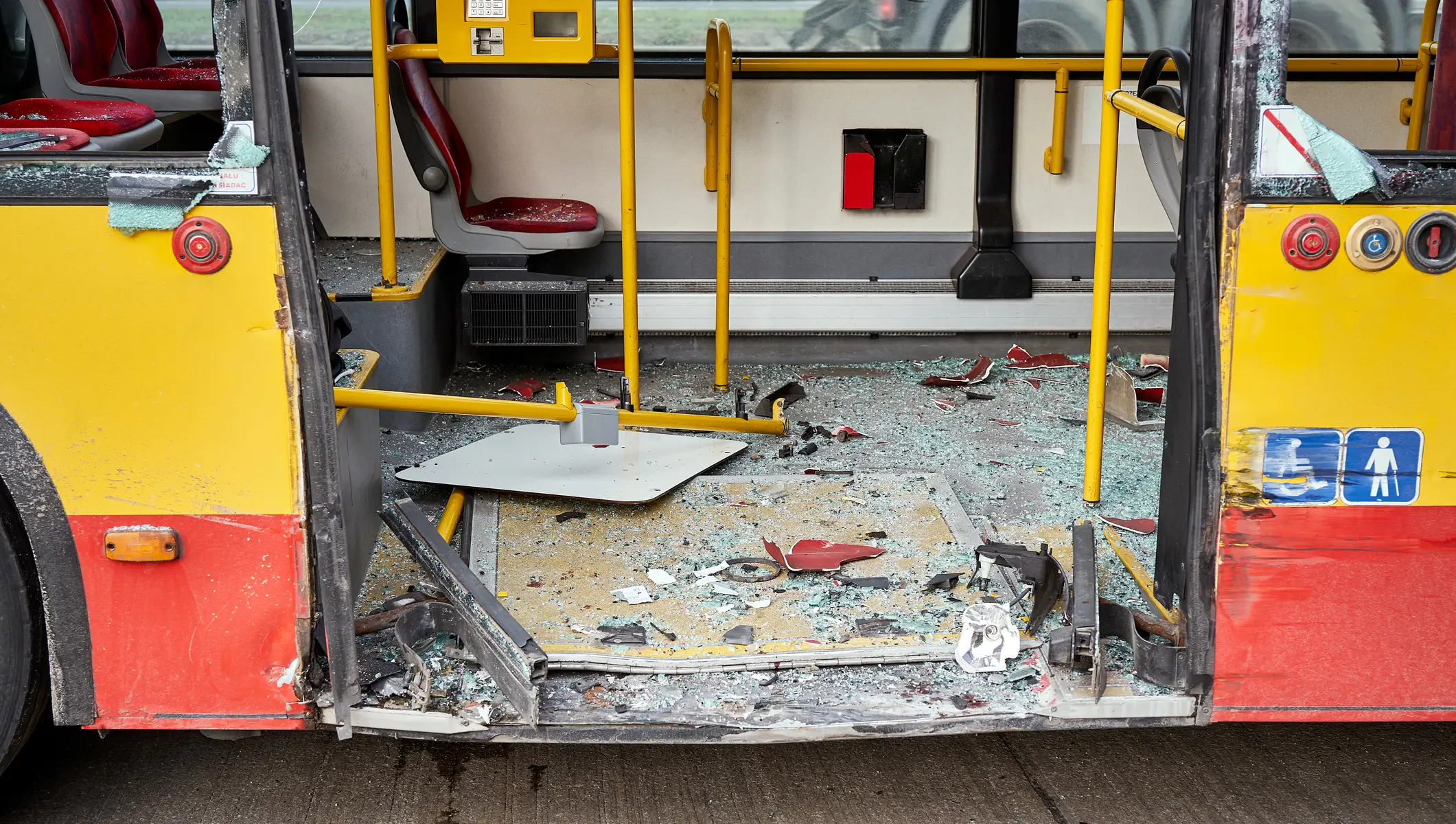 a shot of a city bus in a severe bus accident.