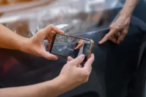 A person taking car damage while another person points it out.