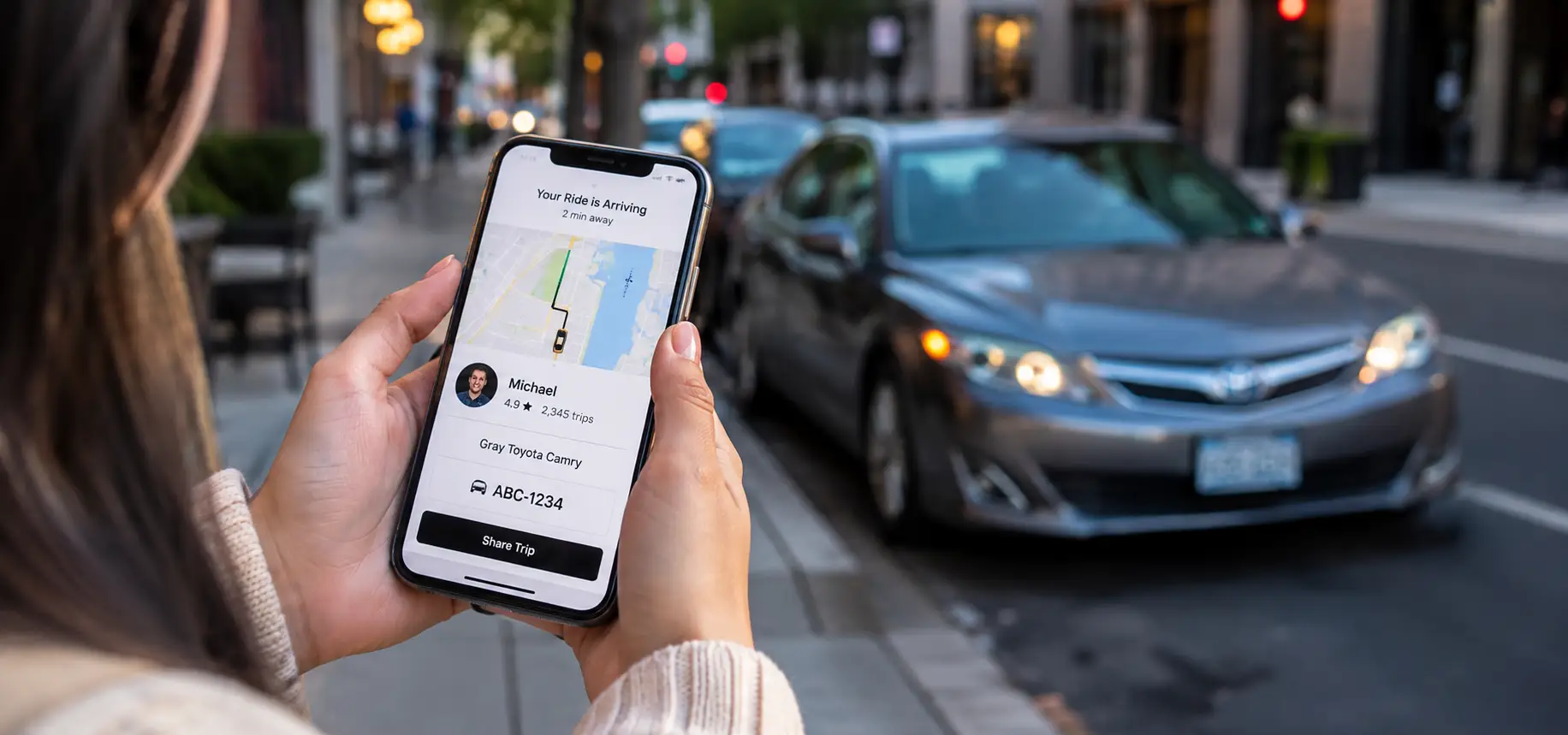 A woman looking at her phone and checking how far her Uber is.