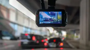 A dashcam on a car.