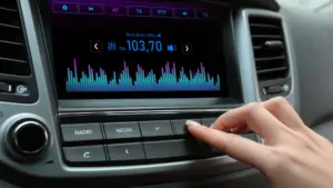 A person adjusting the music on their car stereo.