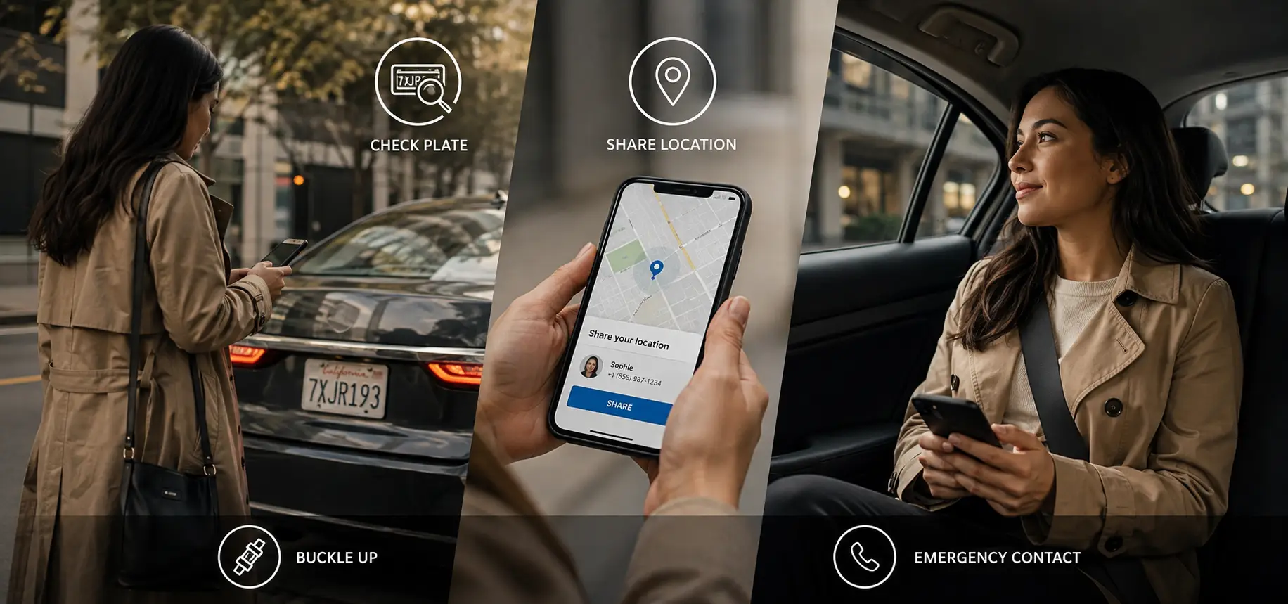 One side shows a woman checking the license plate; the other side shows her sharing her location and sitting in the back seat. Use subtle overlay icons: plate check, GPS pin, seatbelt, emergency contact.