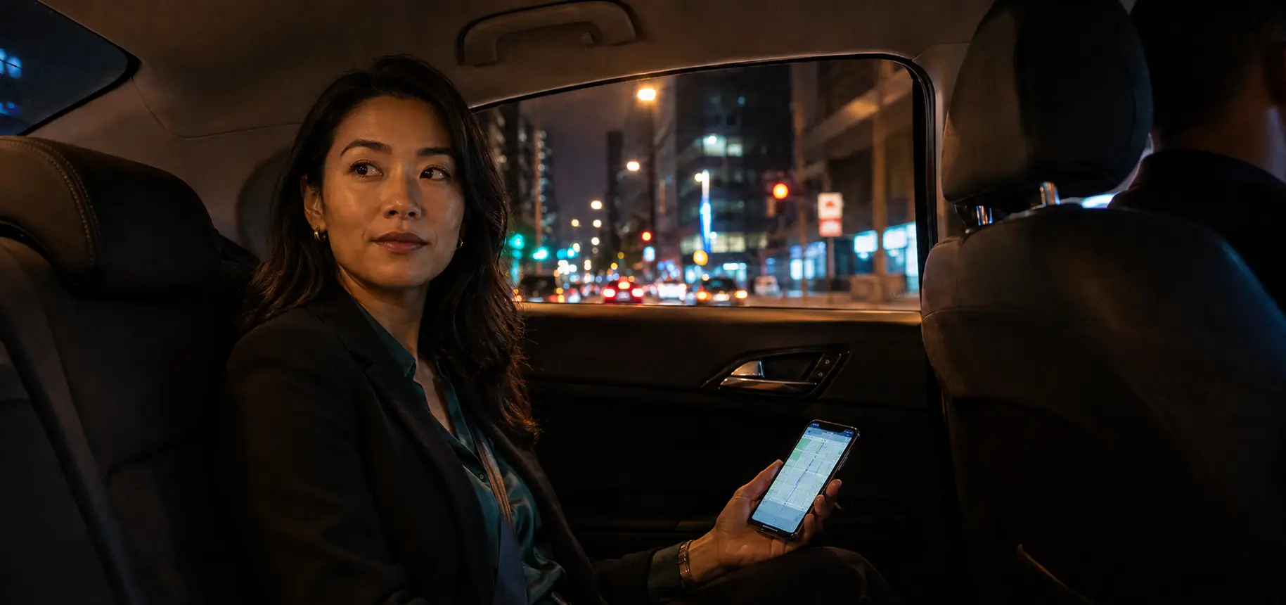 A woman sitting in the back of an Uber trip.