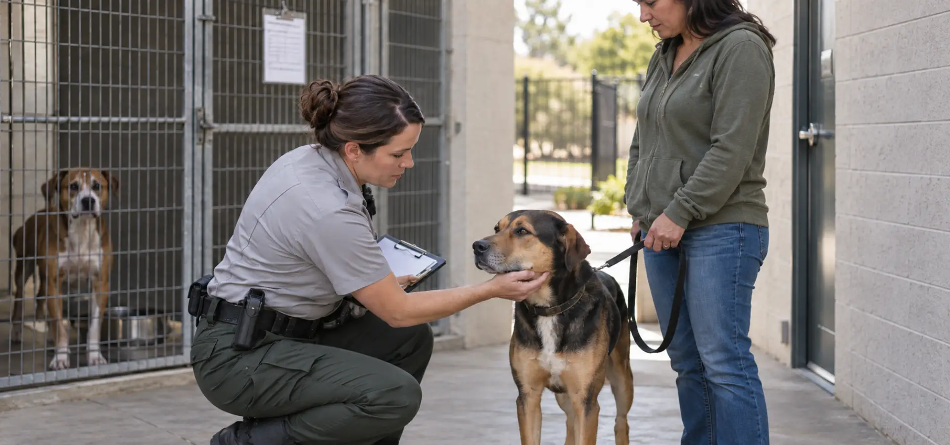 An animal control officer calmly evaluating a dog while the owner stands nearby, with a second dog visible in a secure kennel area.