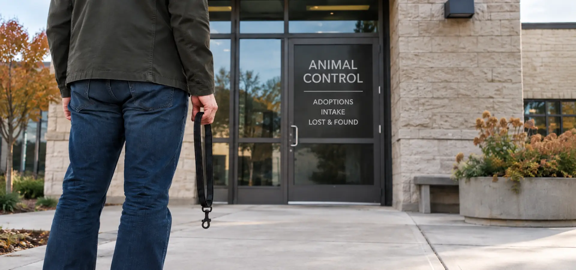 An owner holding an empty leash outside an animal control facility, with no dog present.
