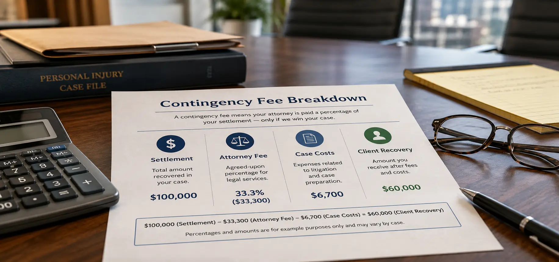 A contingency fee breakdown sheet on a desk.