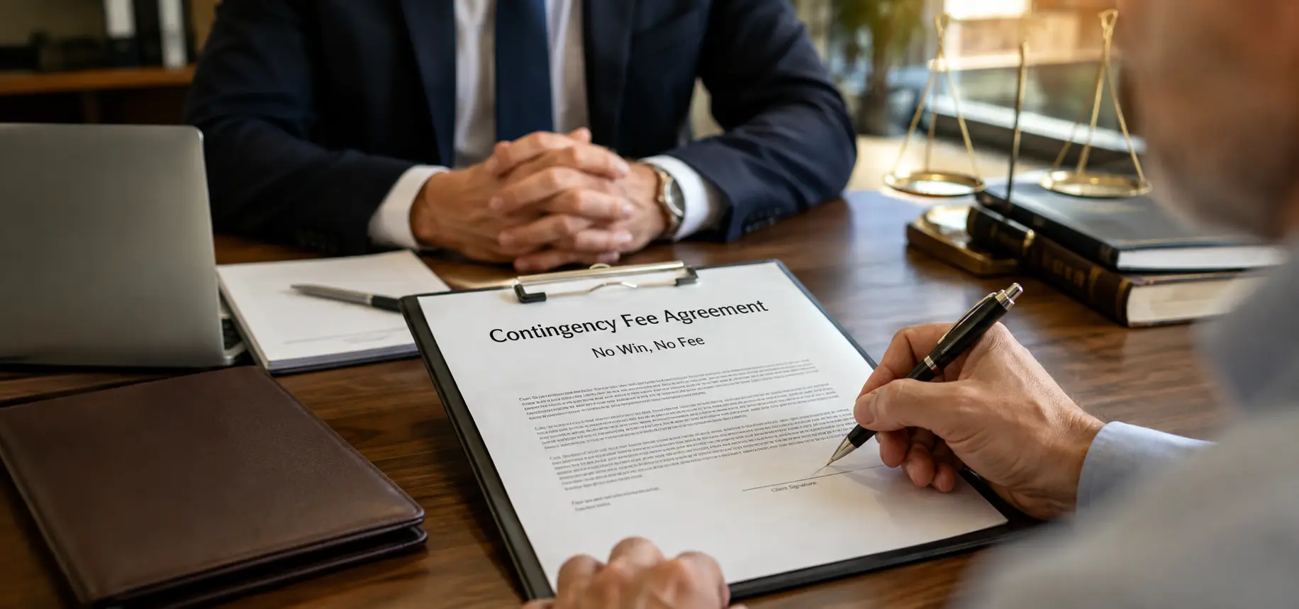 A close-up of a client signing a legal agreement on a desk