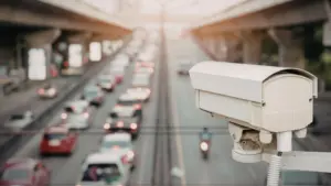 A surveillance camera pointed at a freeway.