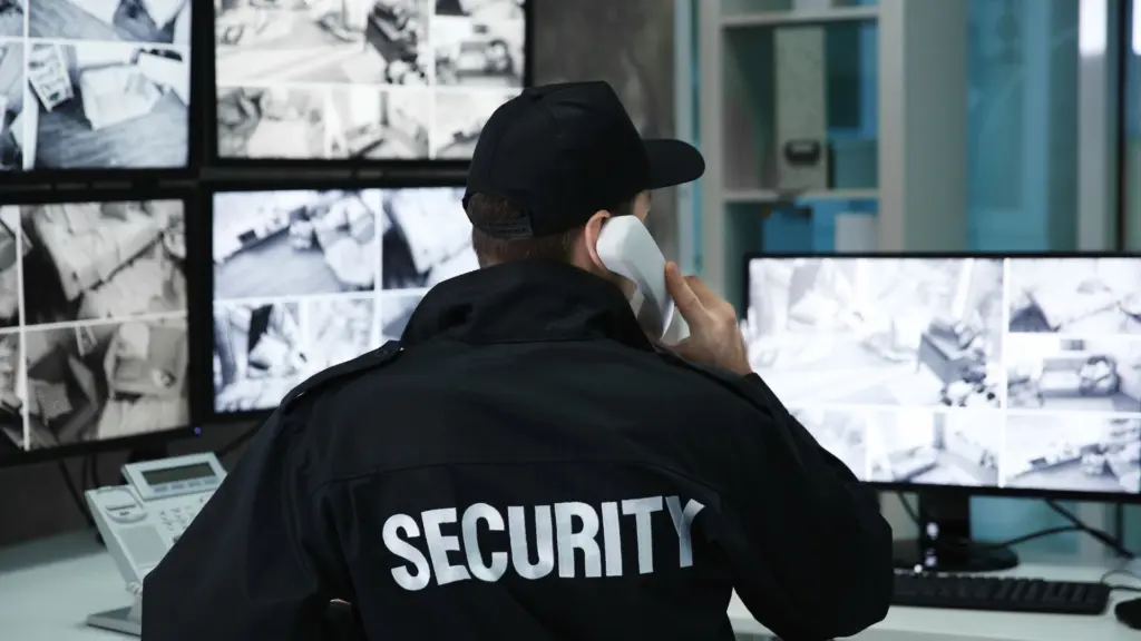 Un guardia de seguridad revisando grabaciones mientras habla por teléfono.