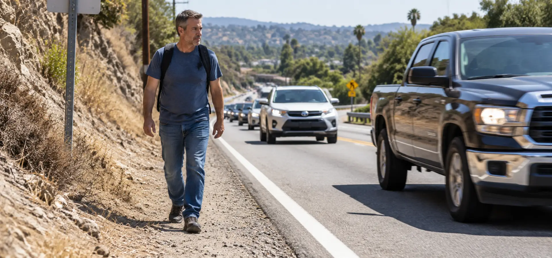 A man walking on the side of the road while cars are passing him by.