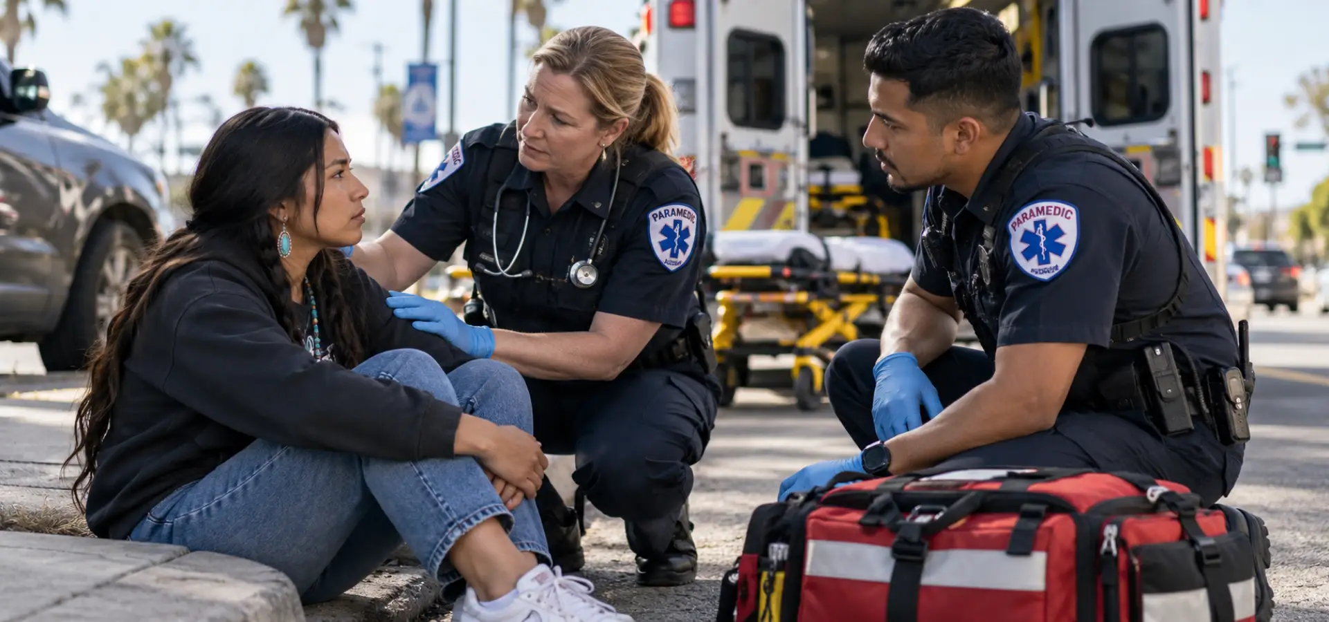 A pedestrian getting treated by two EMTs.