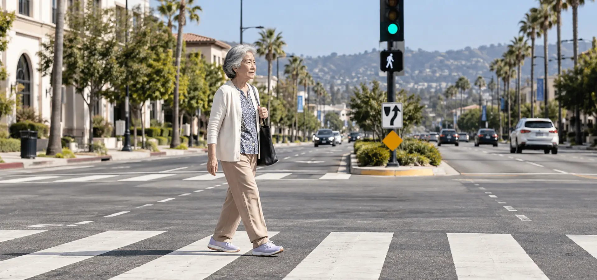 An old lady crossing the street. 