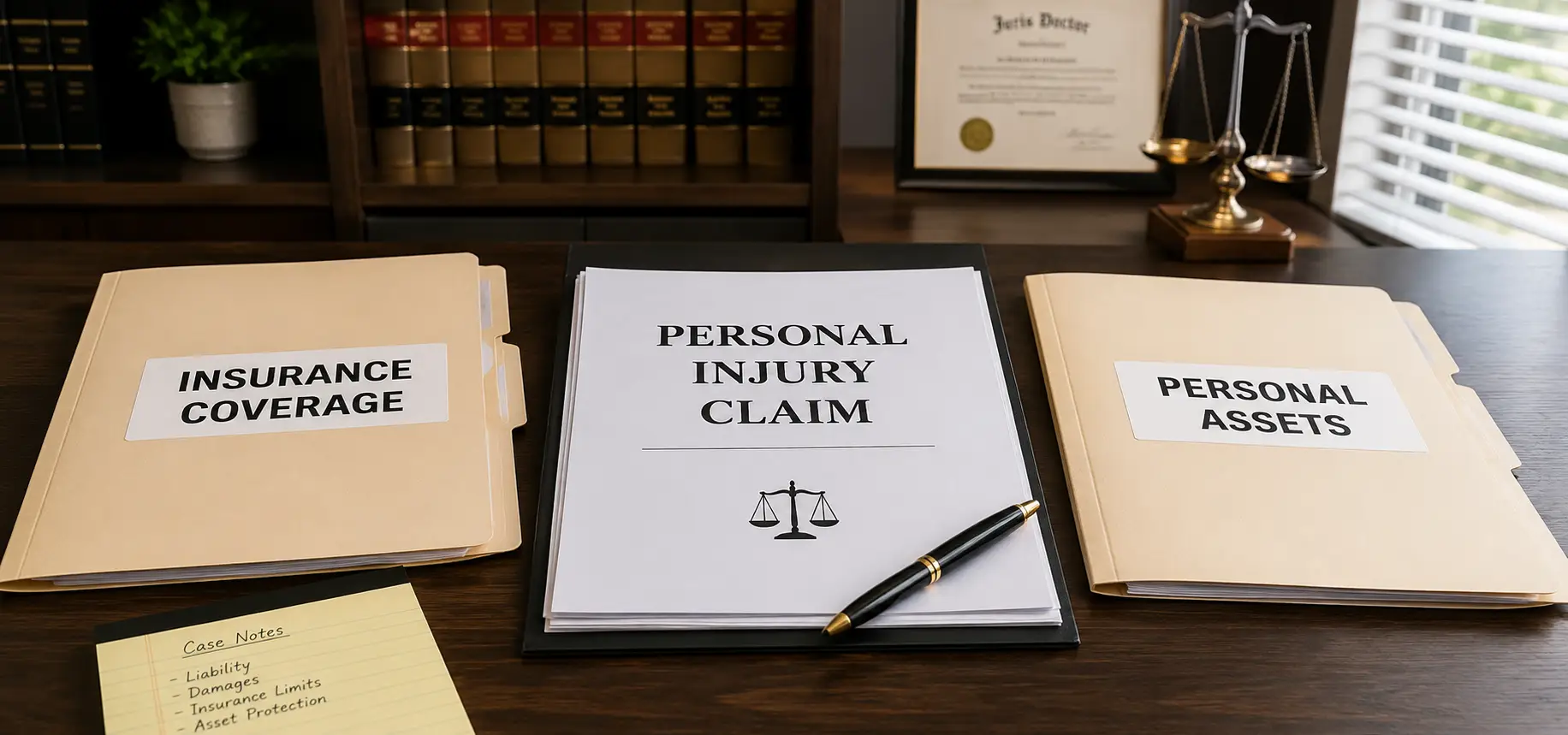A personal injury lawsuit in the middle of the desk and in between are folders about insurance and personal assets.
