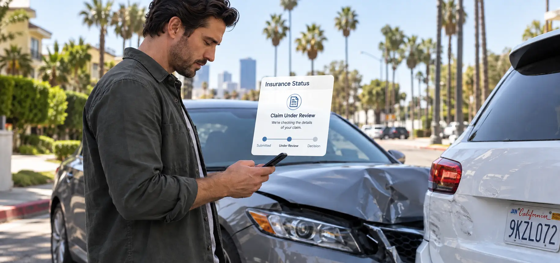 A man typing on his phone after an accident and he is filling out insurance prompts.
