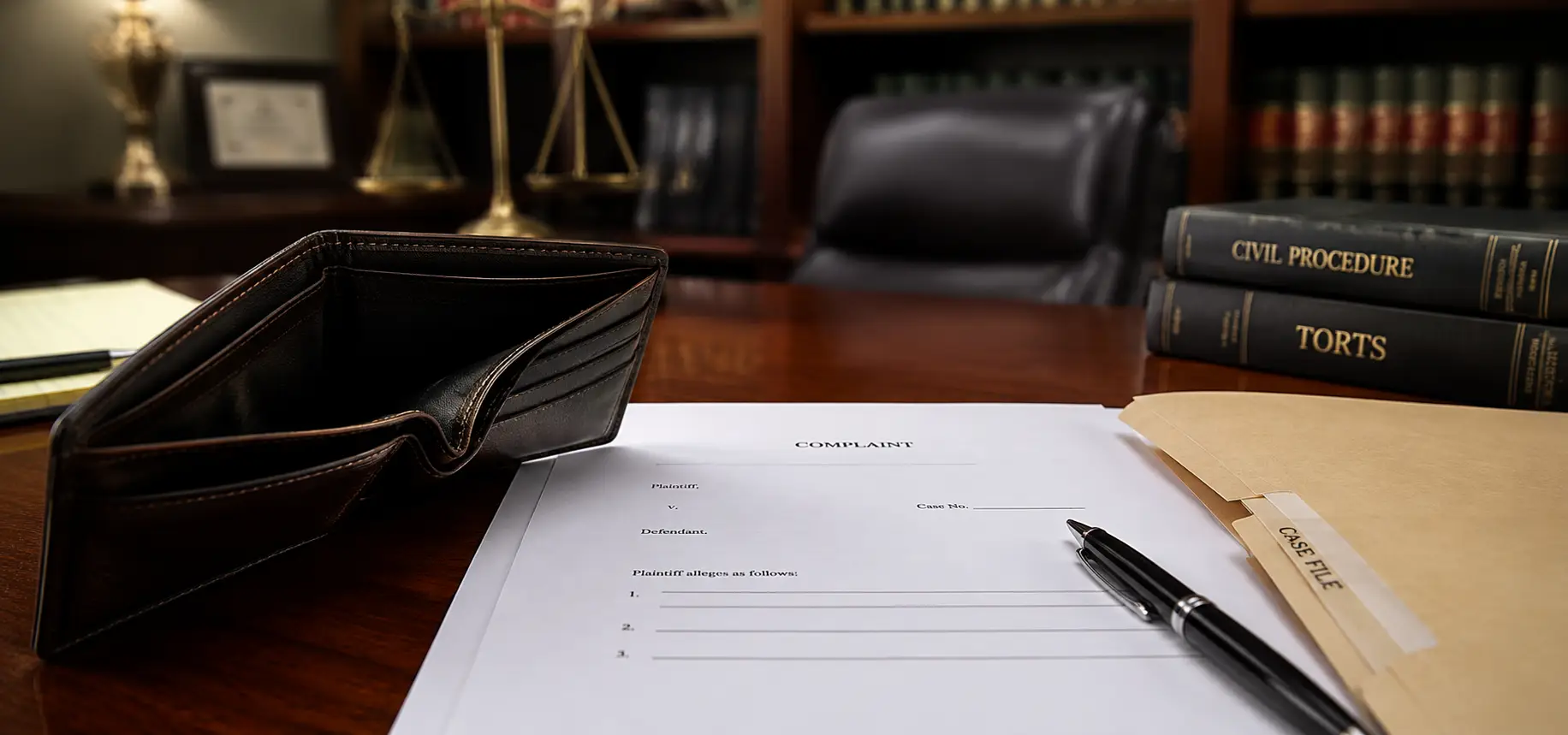 An empty wallet next to lawsuit paperwork.