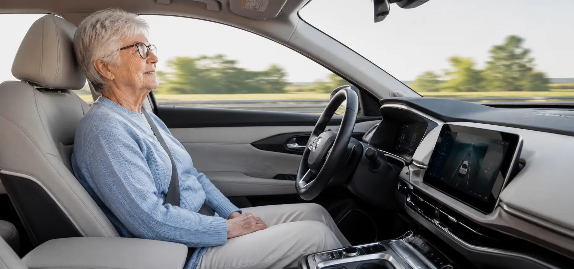 An elderly woman using the self driving feature on a car. 