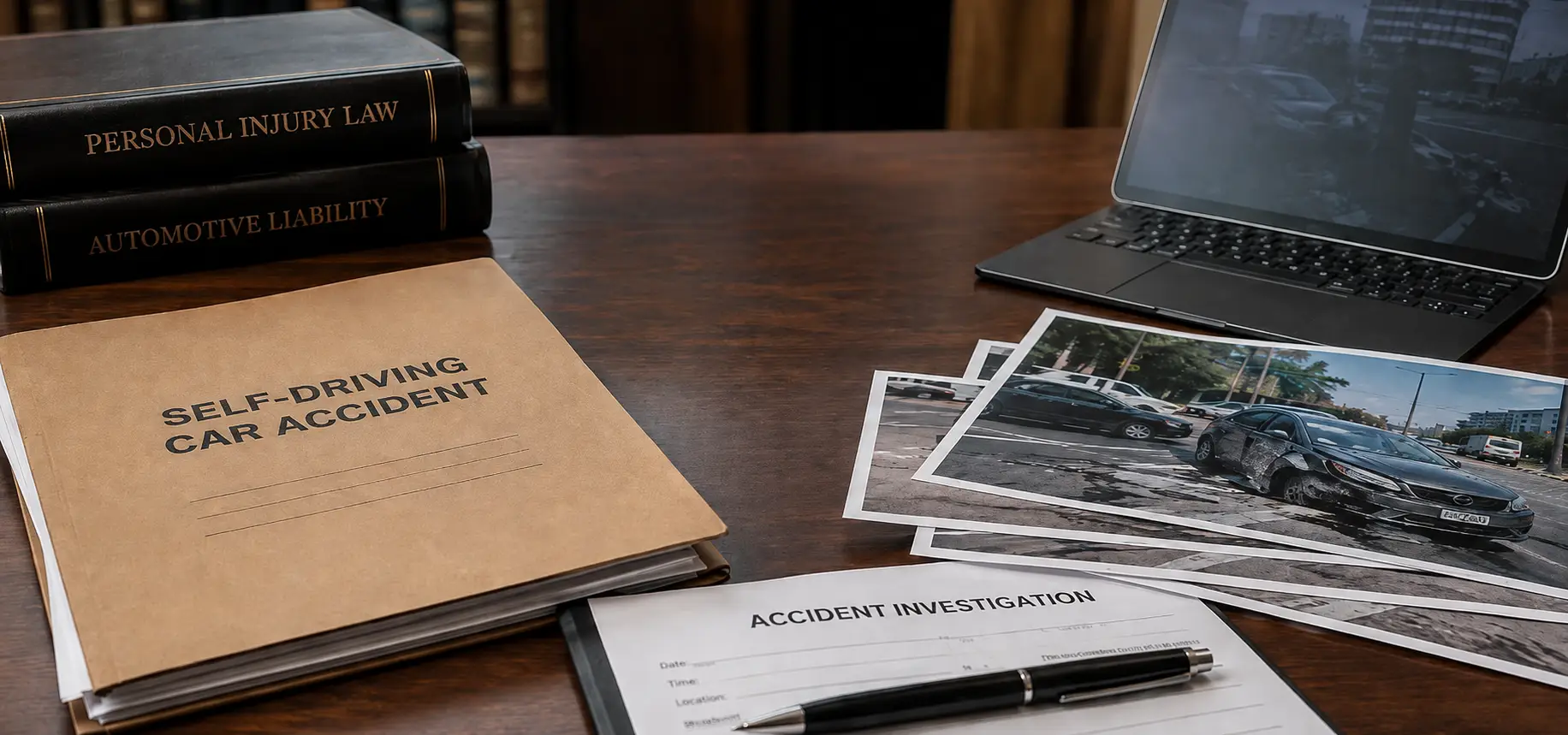 Files and photos of a self driving car accident on a lawyer's desk.