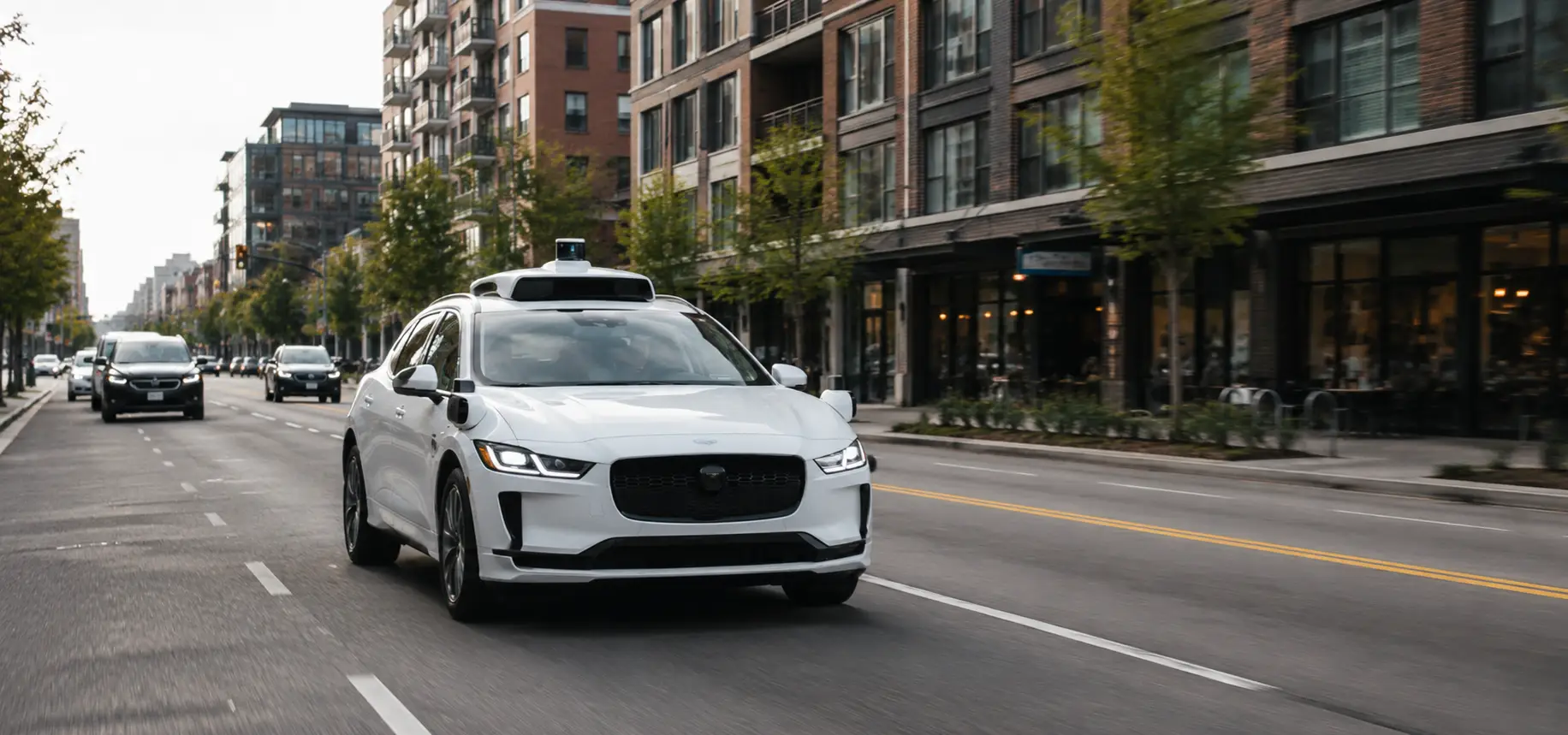 A self driving car driving in the street. 