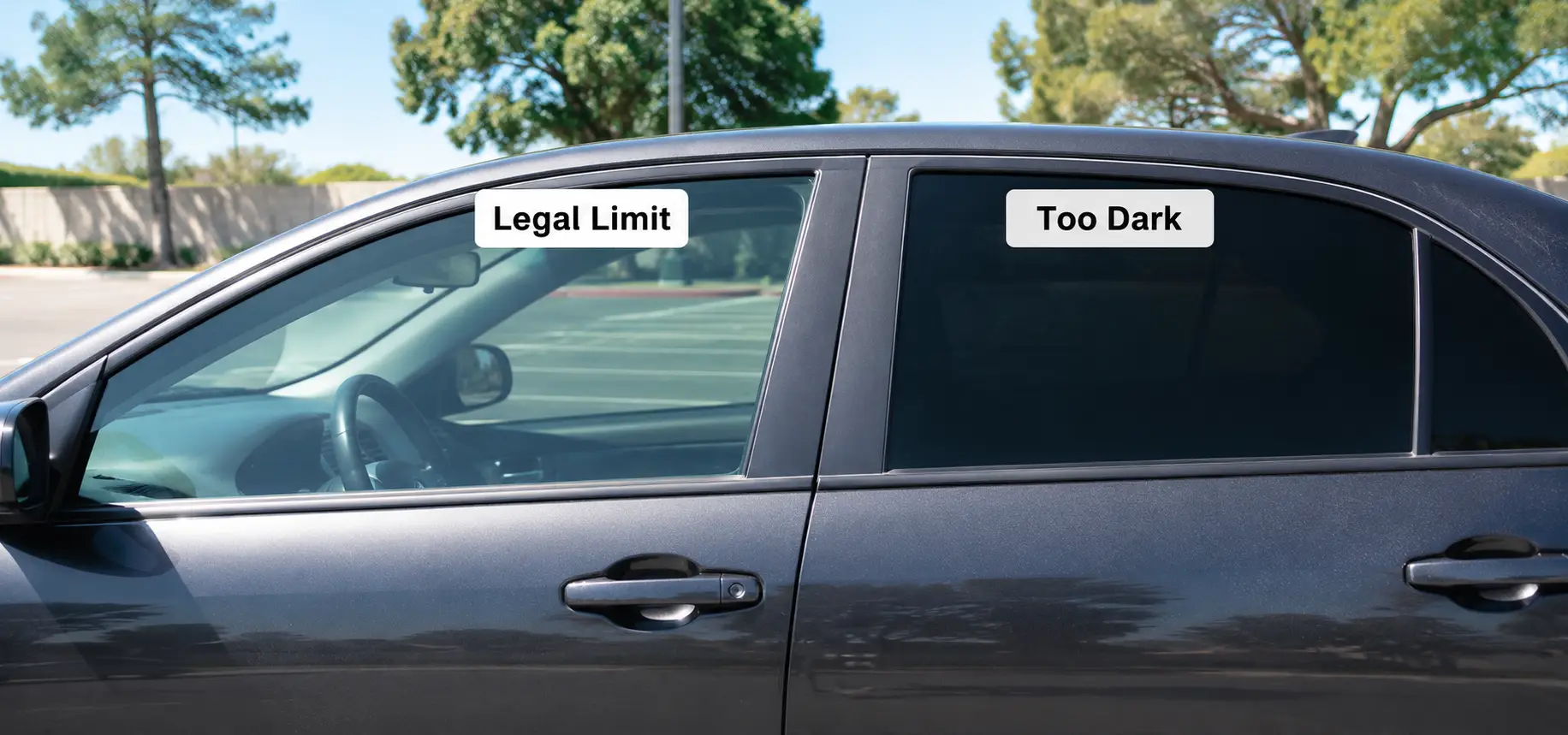 A car with two window tints, one clear and one very dark. 