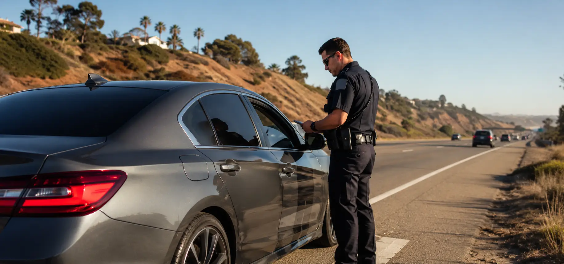 A police officer issuing a ticket for an illegal window tint. 