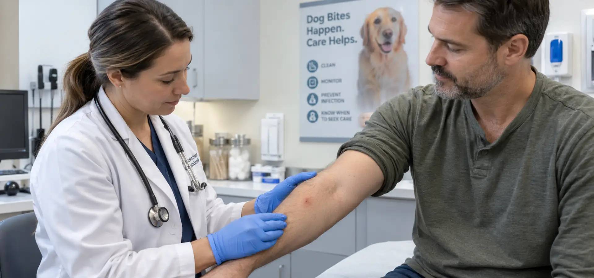 A doctor examining a dog bite on a man's arm.
