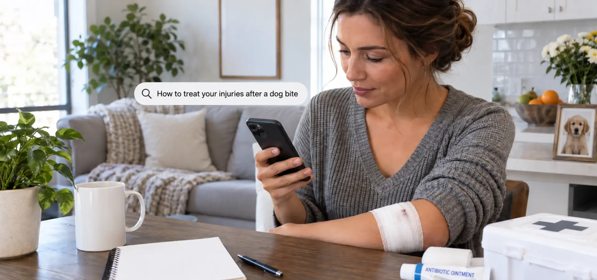 A woman looking up how to treat her dog bite.