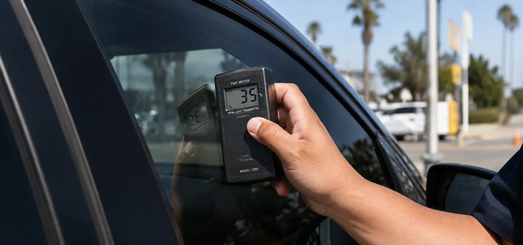An officer measuring a car's window tint. 