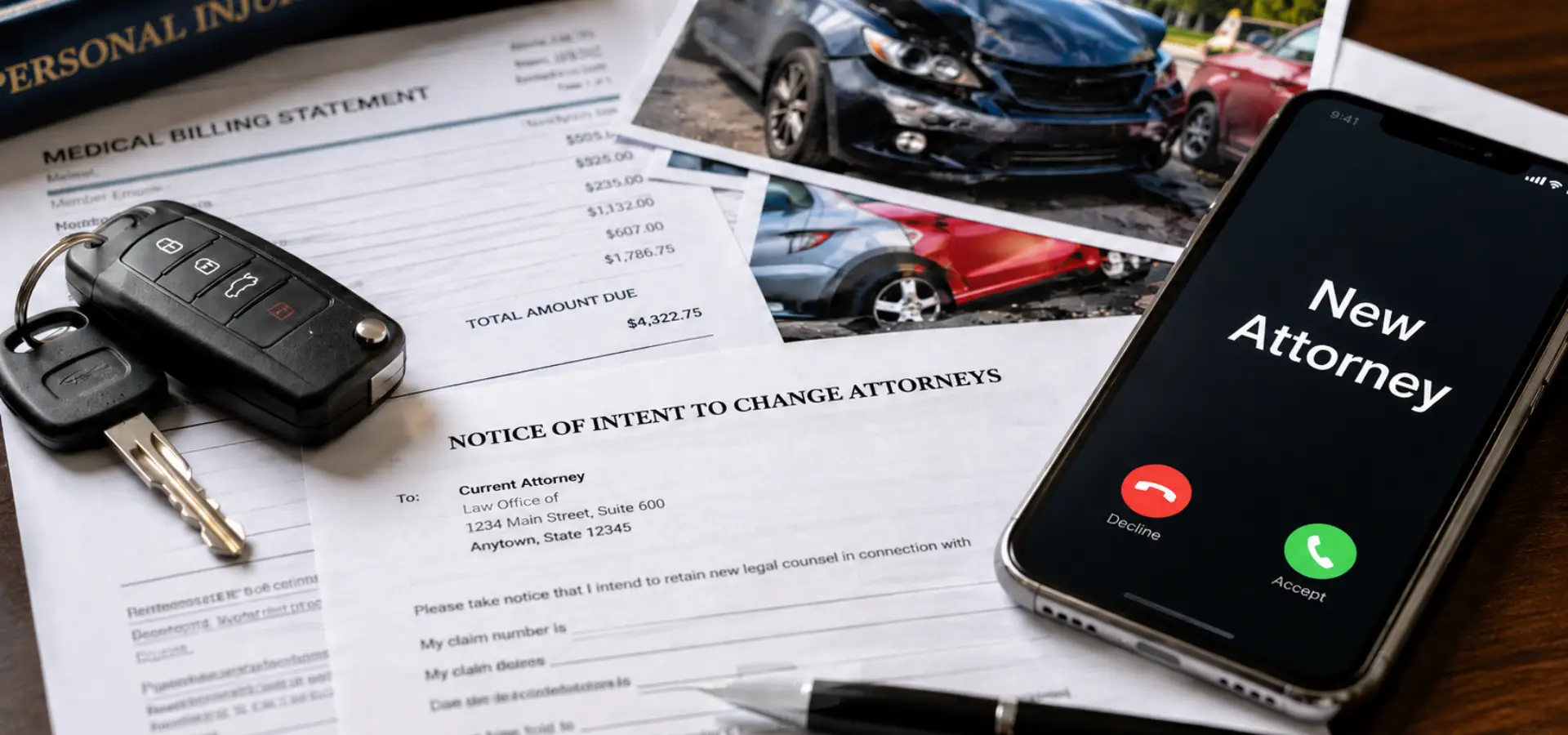 Paperwork on a desk and a phone showing a call from a new lawyer.
