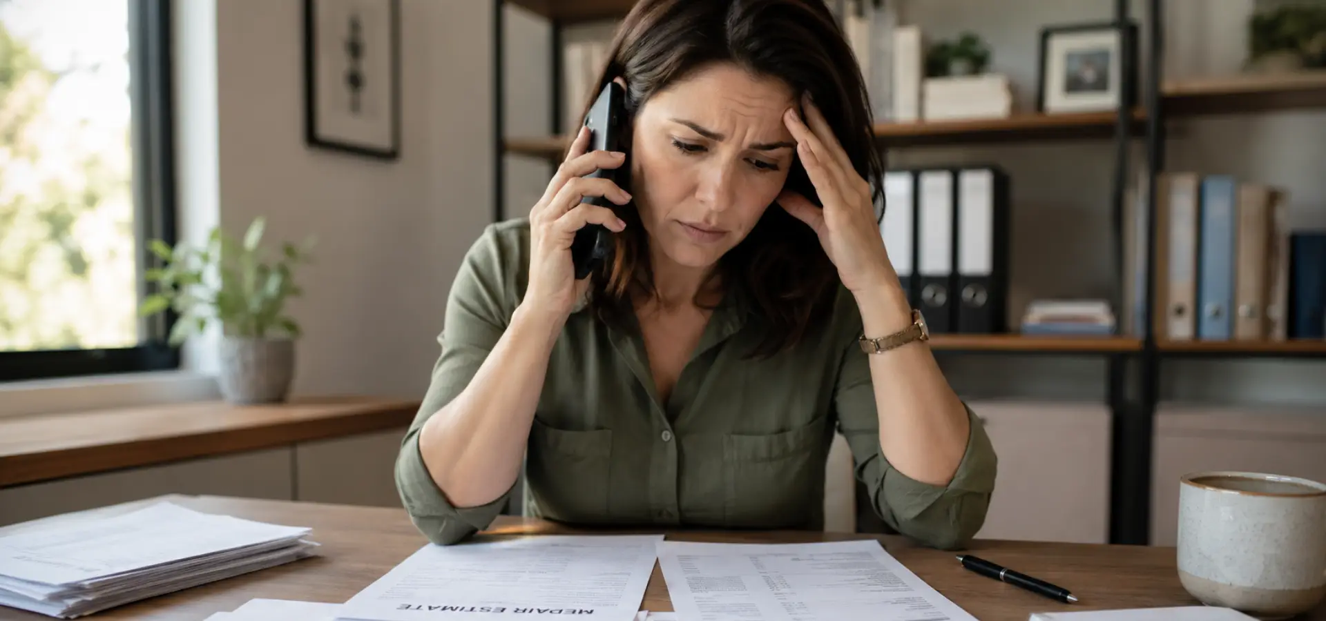 A woman on the phone looking stressed at all of the paperwork.