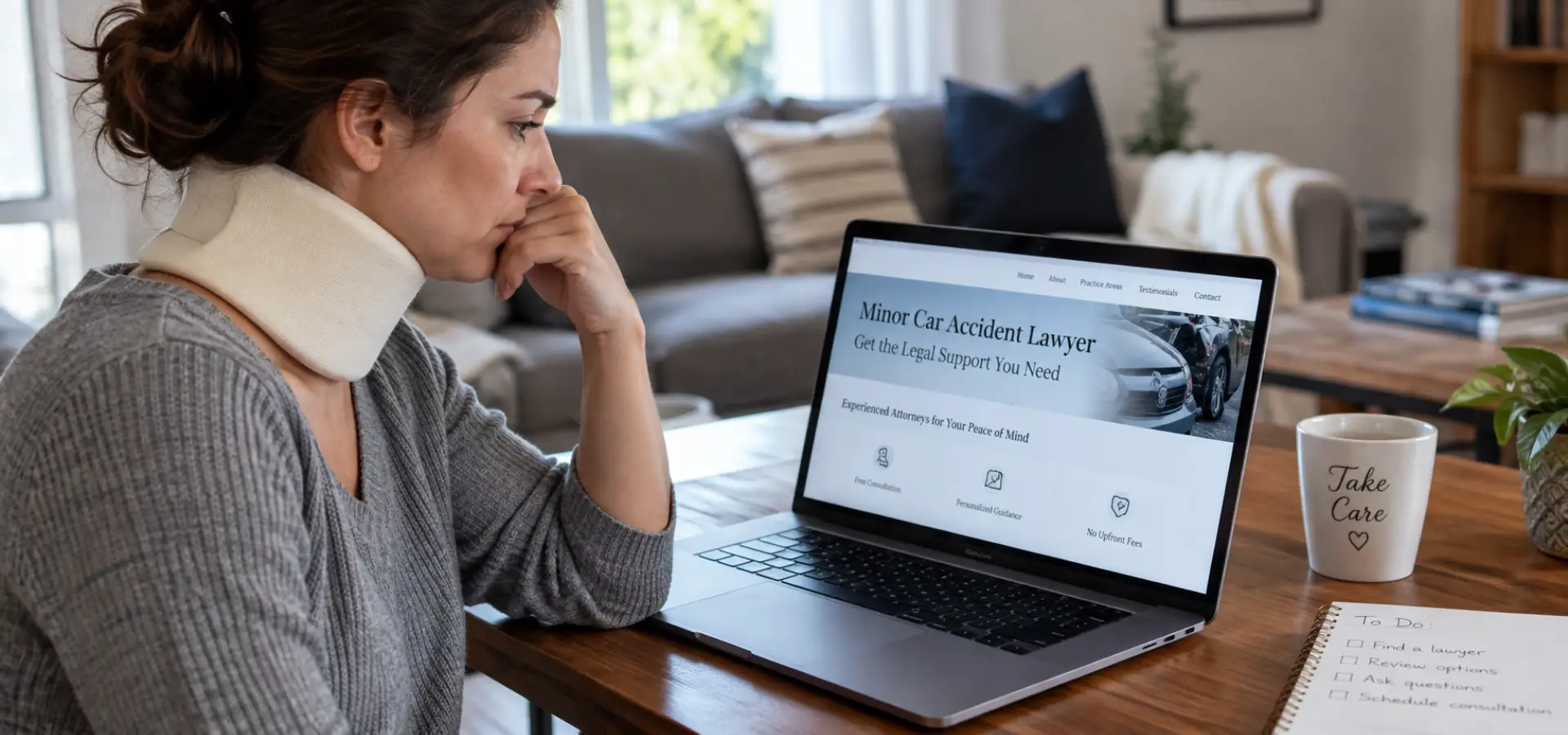 An injured woman looking for a lawyer.
