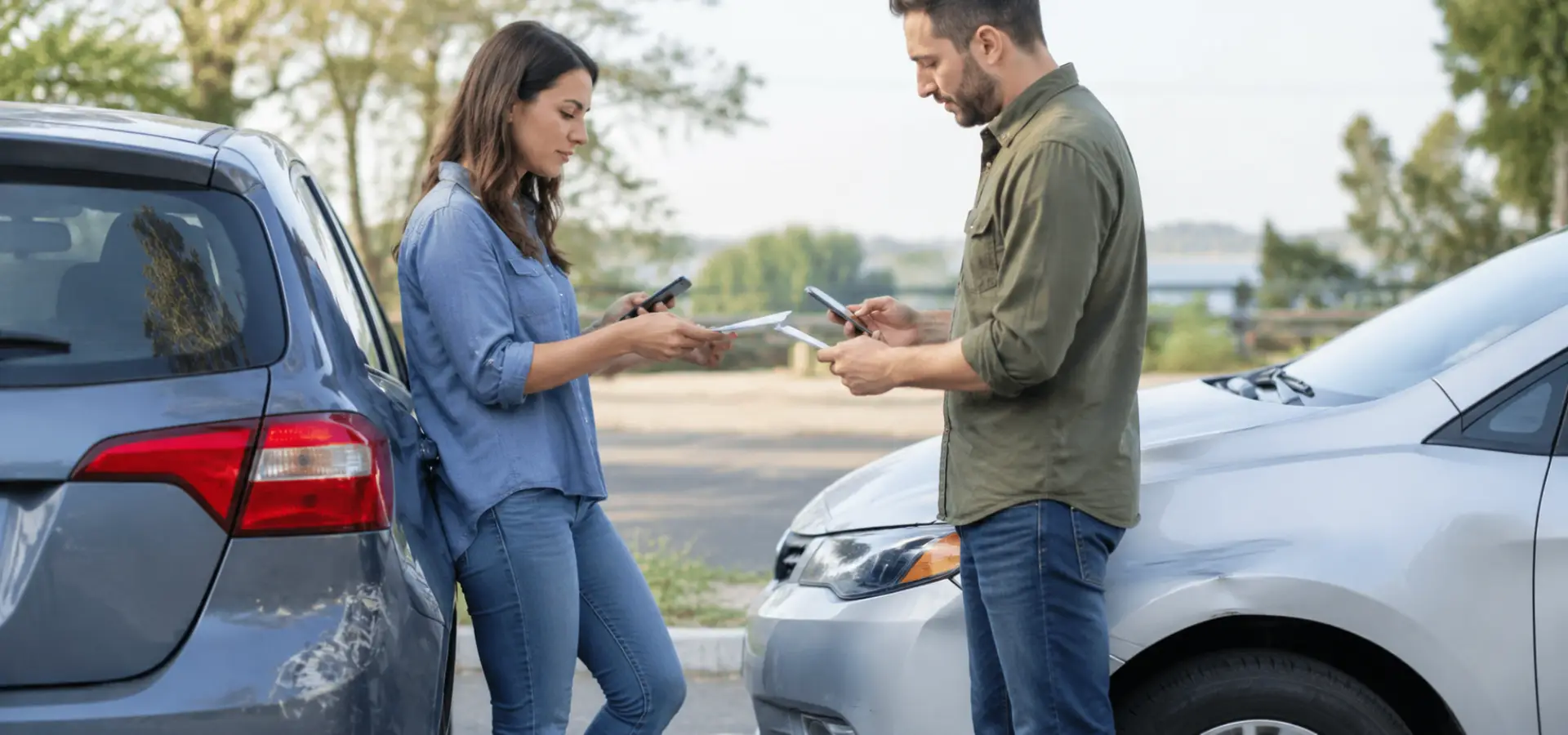 Two people exchanging information after a minor car accident.