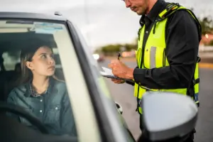 A woman getting a fix it ticket from a police officer.