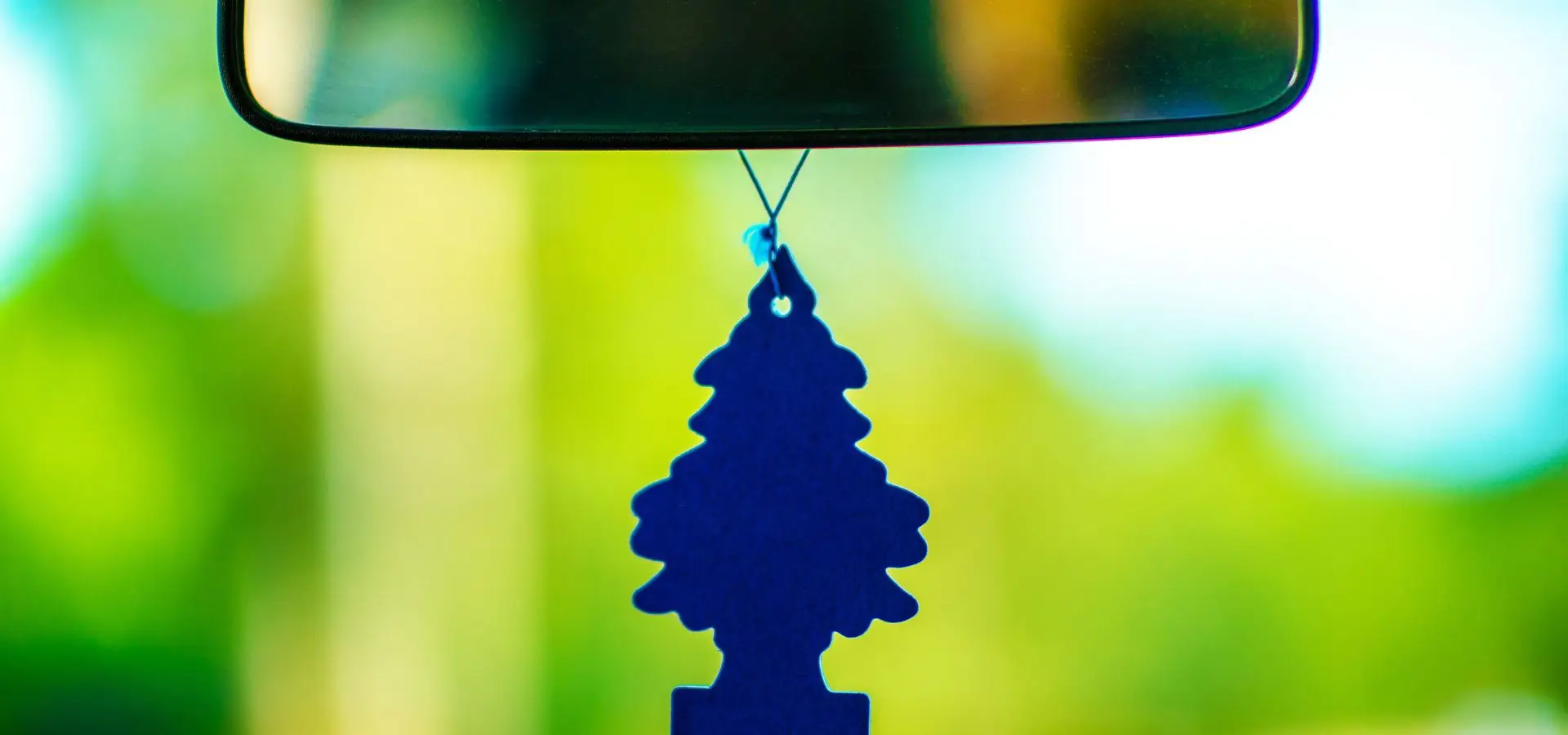An air freshener hanging from a rearview mirror.