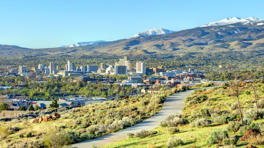Reno, Nevada road with mountains in the background.