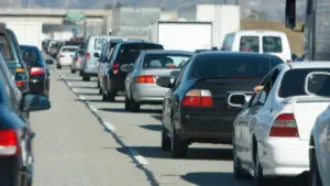 A shot of a congested freeway. 