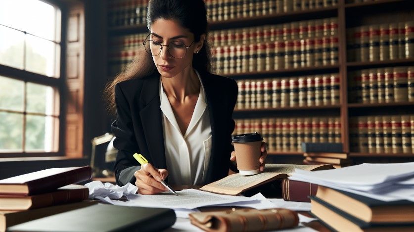 Mujer abogada de lesiones personales preparándose para juicio.