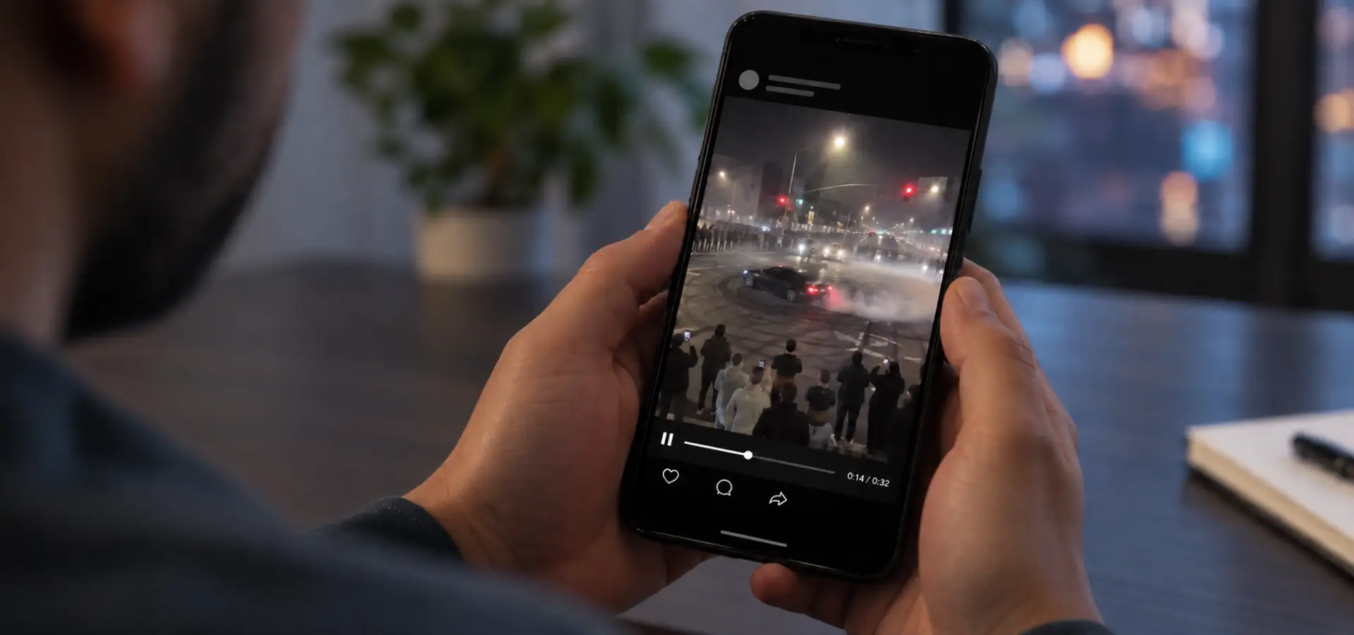 A man watching a street takeover video on his phone.