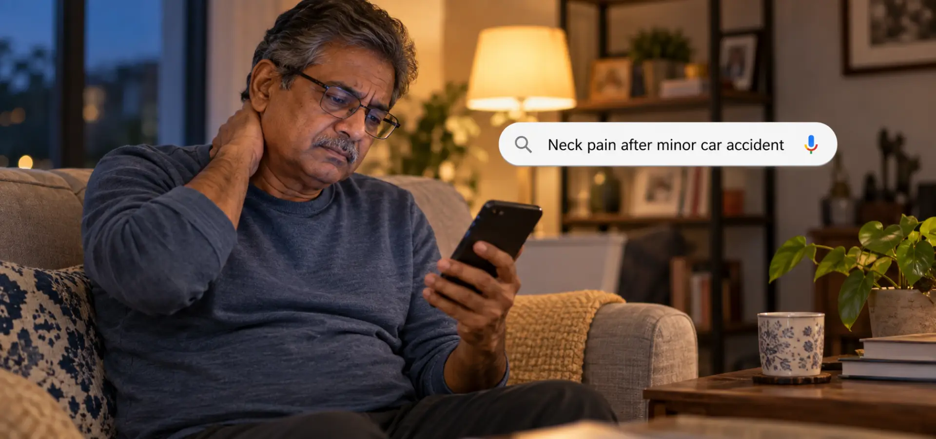 An old man searching if a neck injury can happen in a minor accident on his phone.