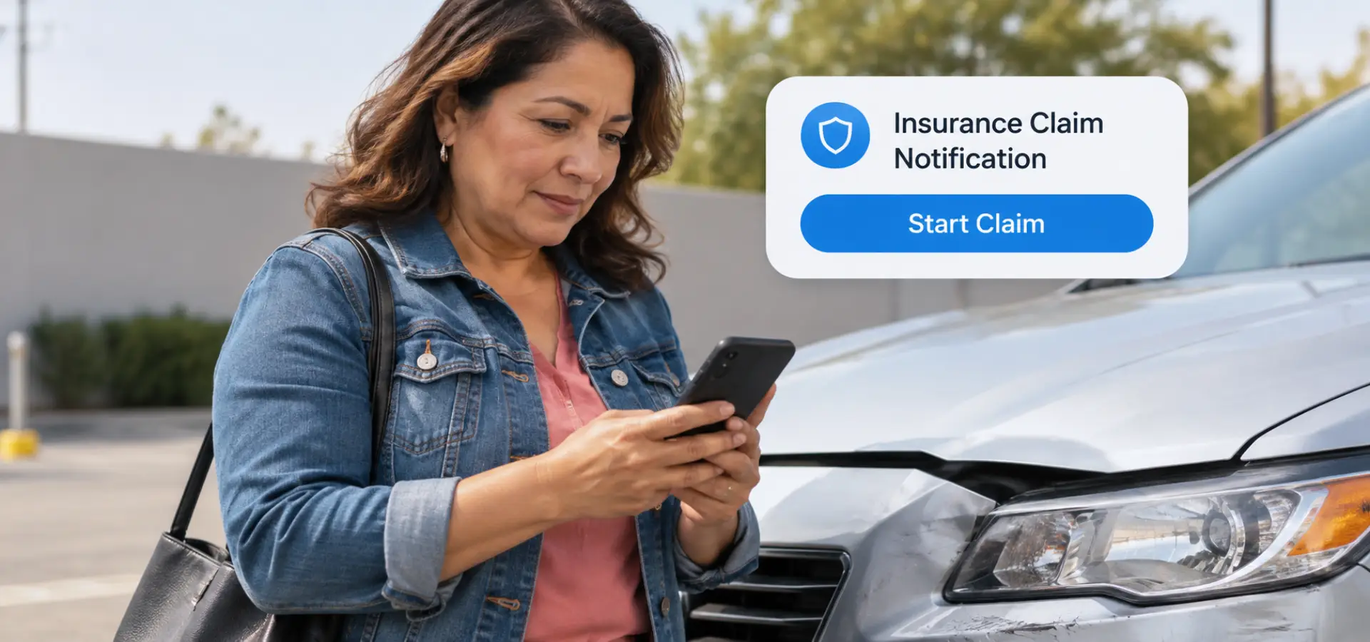 A woman reporting a fender bender to her insurance company.
