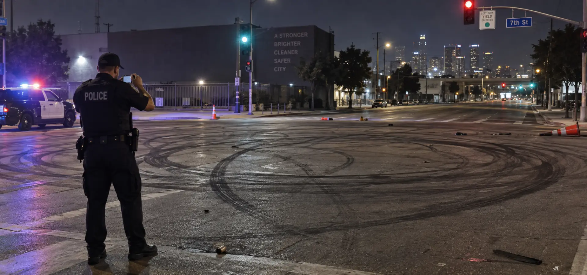 A police officer taking a photo of an intersection that a street takeover took place.