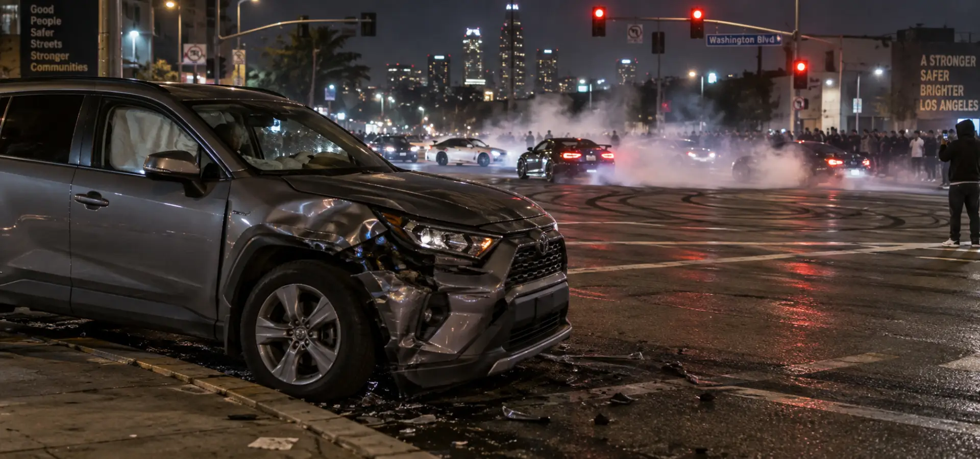 A damaged car that was struck during a street takeover.