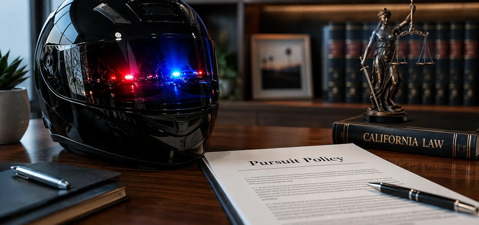 A desk scene with a motorcycle helmet, police lights reflected in the visor, and a document titled “Pursuit Policy” or “California Vehicle Pursuit Rules.”