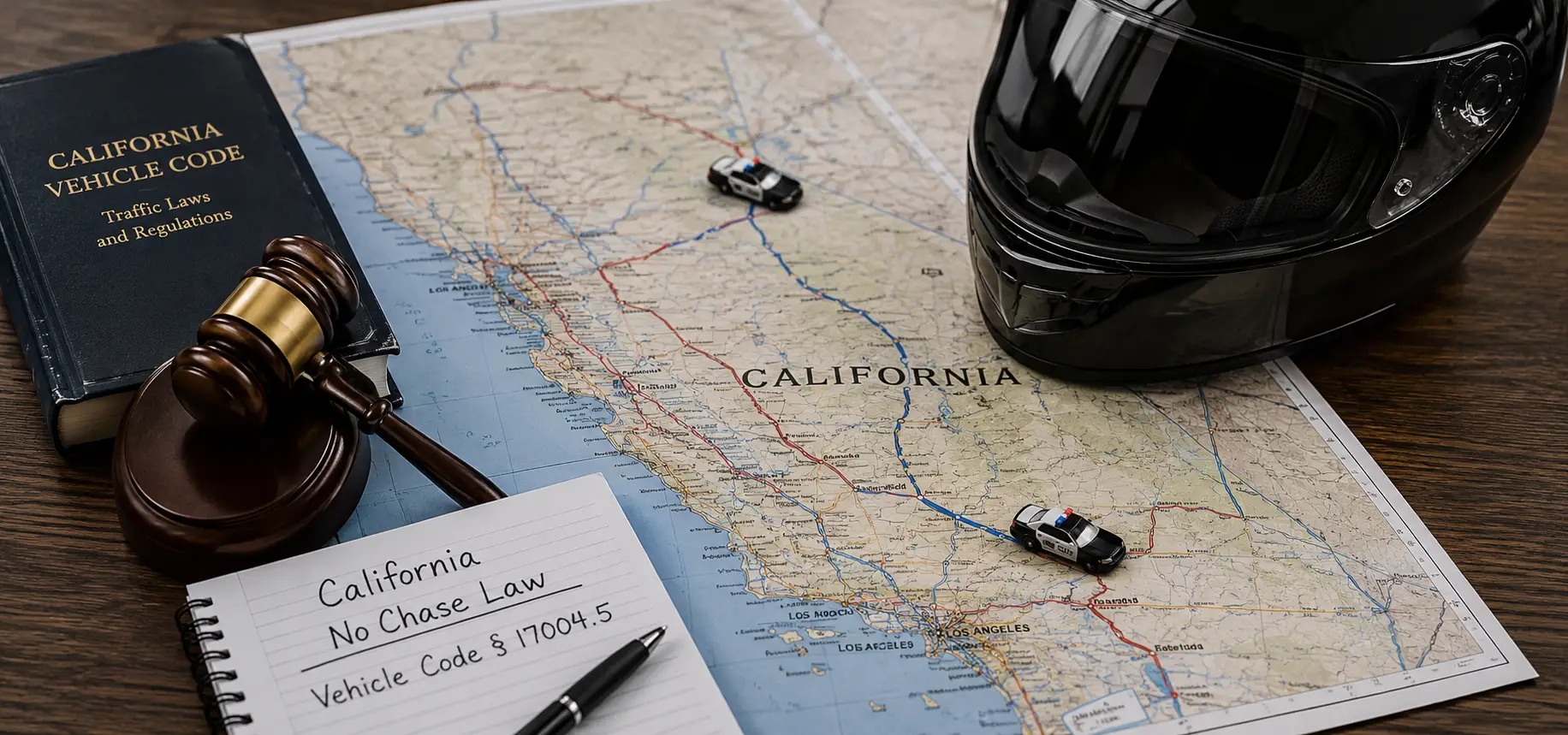 A California map with a motorcycle helmet, a gavel, and a notepad.