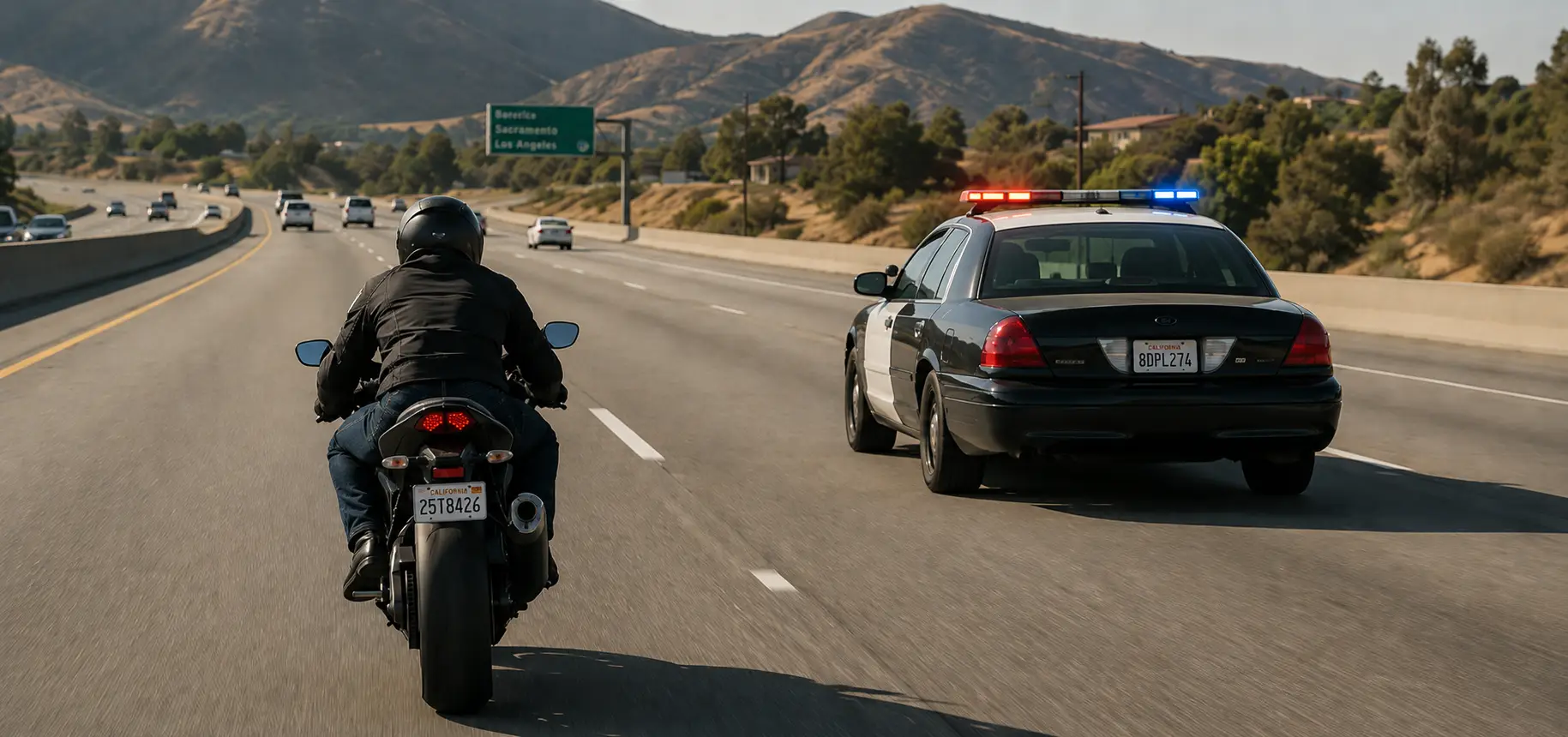 A motorcycle on a California freeway with a generic black-and-white patrol car nearby.