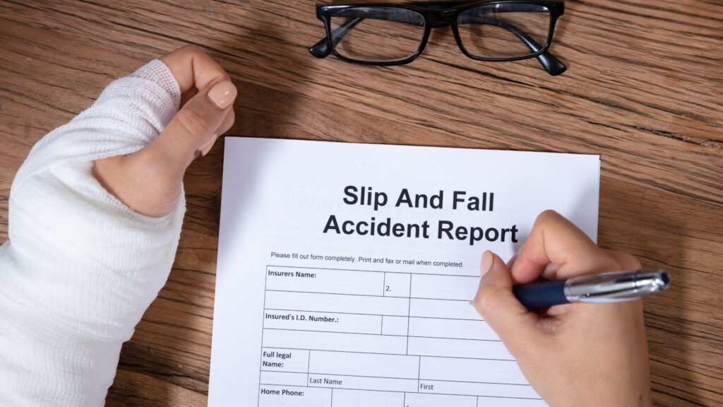 A person with an injured arm filling out a slip and fall accident report.