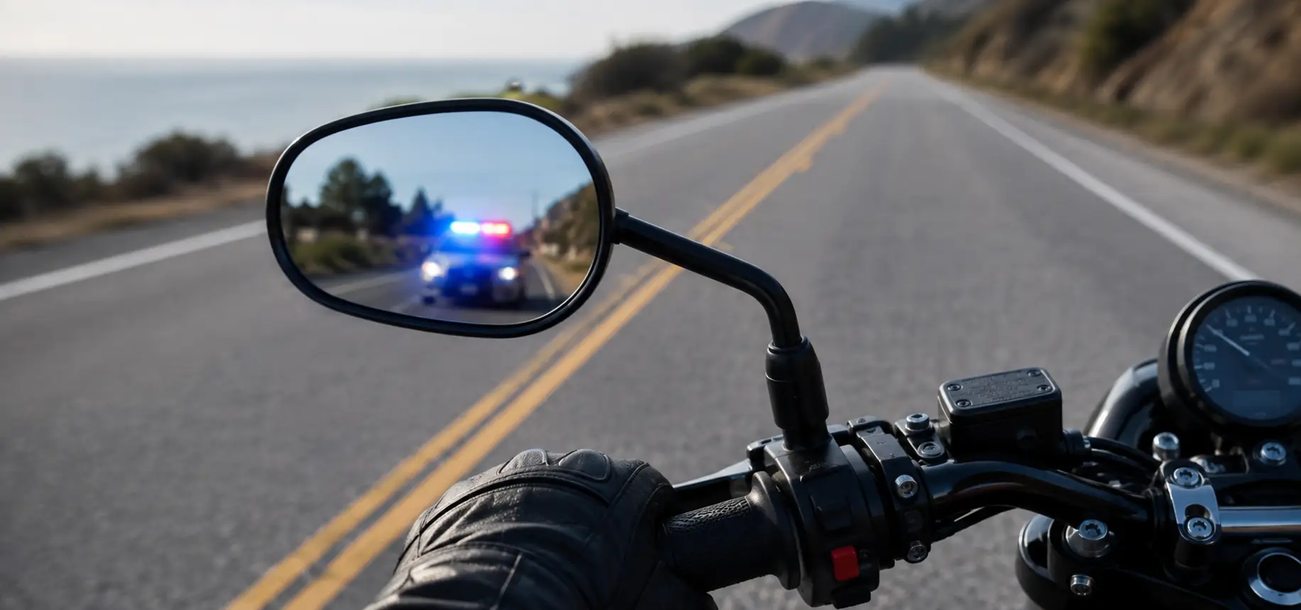 A motorcyclist seeing a police car through their side rear mirror.