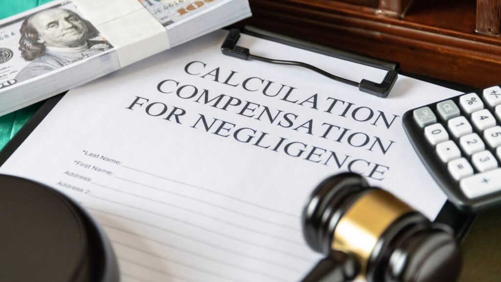 A paper that is titled "Calculation Compensation for Negligence" on a clipboard with a calculator, gavel, and a stack of money right next to it.