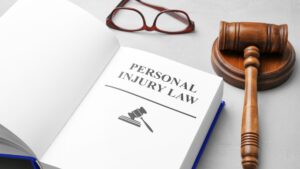 A book about Personal Injury Law with a pair of glasses and a gavel right next to it.