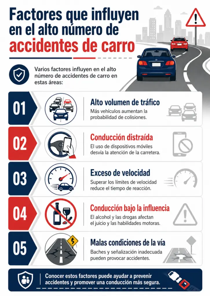 Infografía en español sobre los factores que influyen en los accidentes de carro, incluyendo tráfico, conducción distraída, exceso de velocidad, conducir bajo la influencia y malas condiciones de la vía.